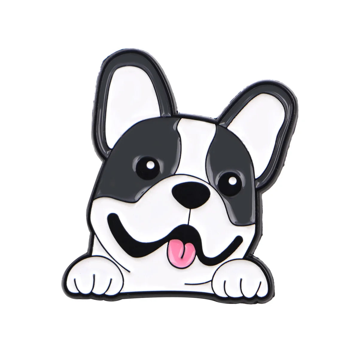 Enamel lapel pin with black-and-white dog face peeking from a box