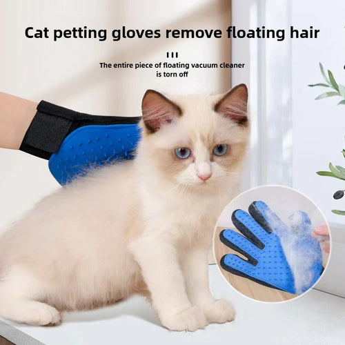 Blue cat petting glove with silicone nub brush tips and black adjustable wrist strap