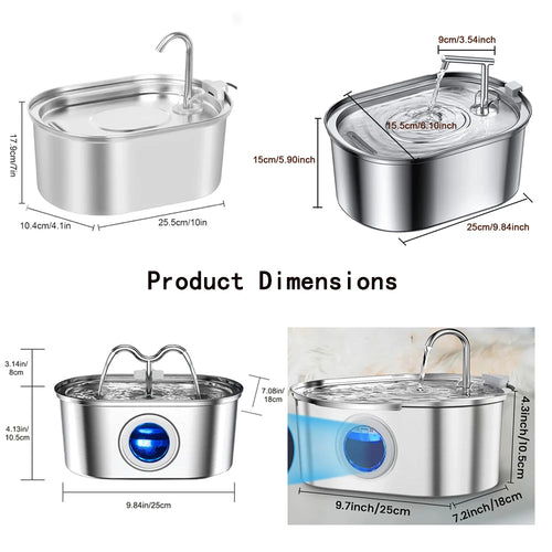 Stainless steel pet water fountain with elevated spout and round control panel