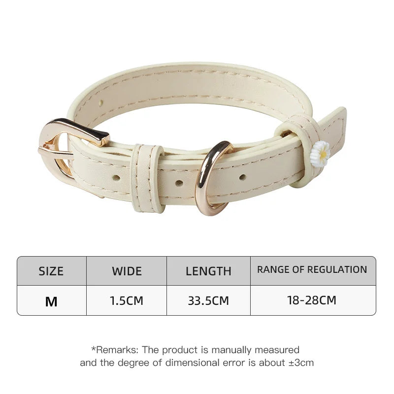 Cream PU leather pet collar with metal buckle and daisy charm.
