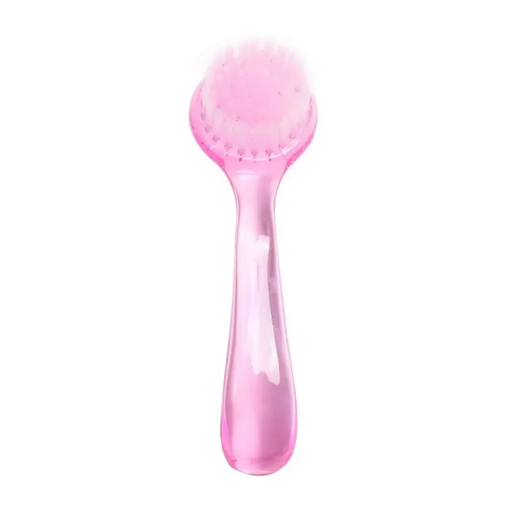 Pink pet grooming brush with rounded bristle head on clear handle