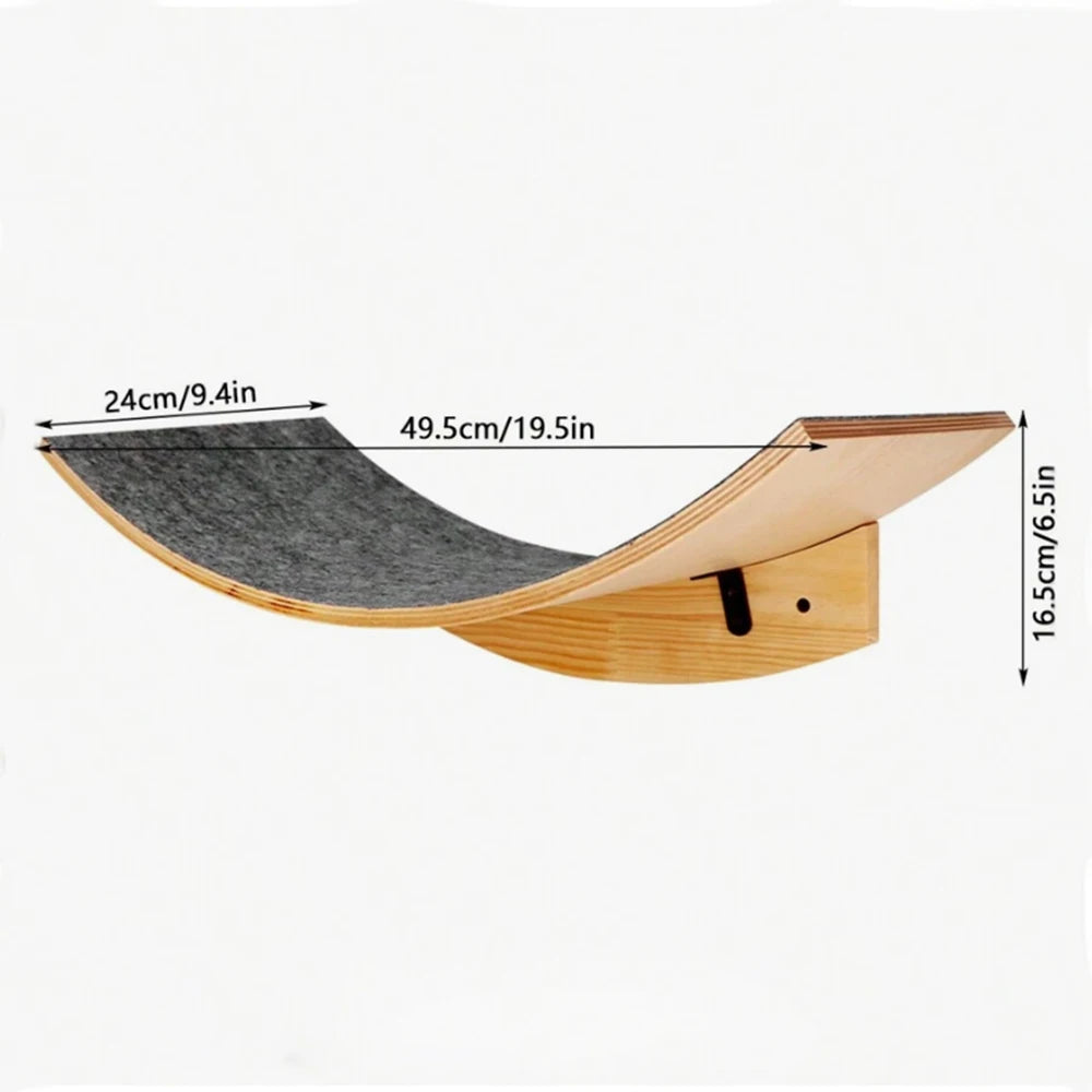 Wall-mounted cat hammock-style shelf with dark gray cushion and curved wood base
