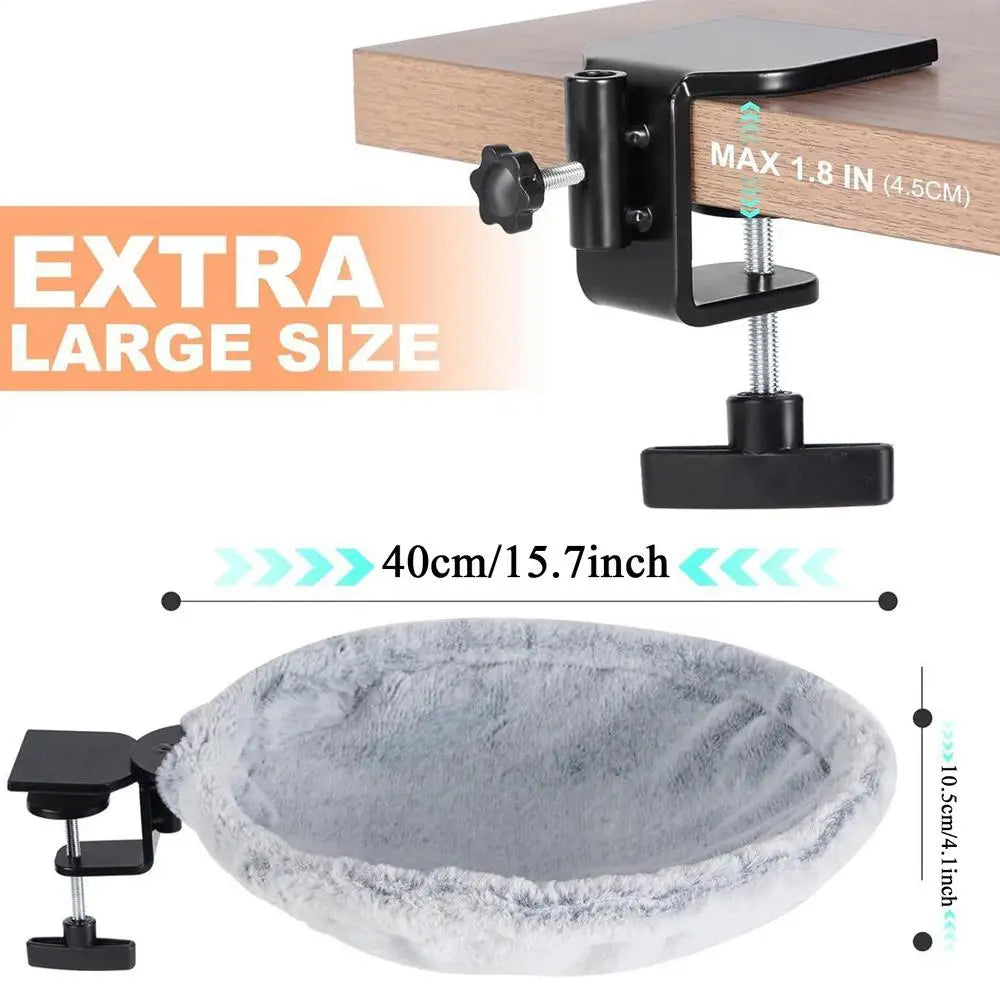 Gray plush oval cat hammock bed with desk clamp mount and cushioned rim