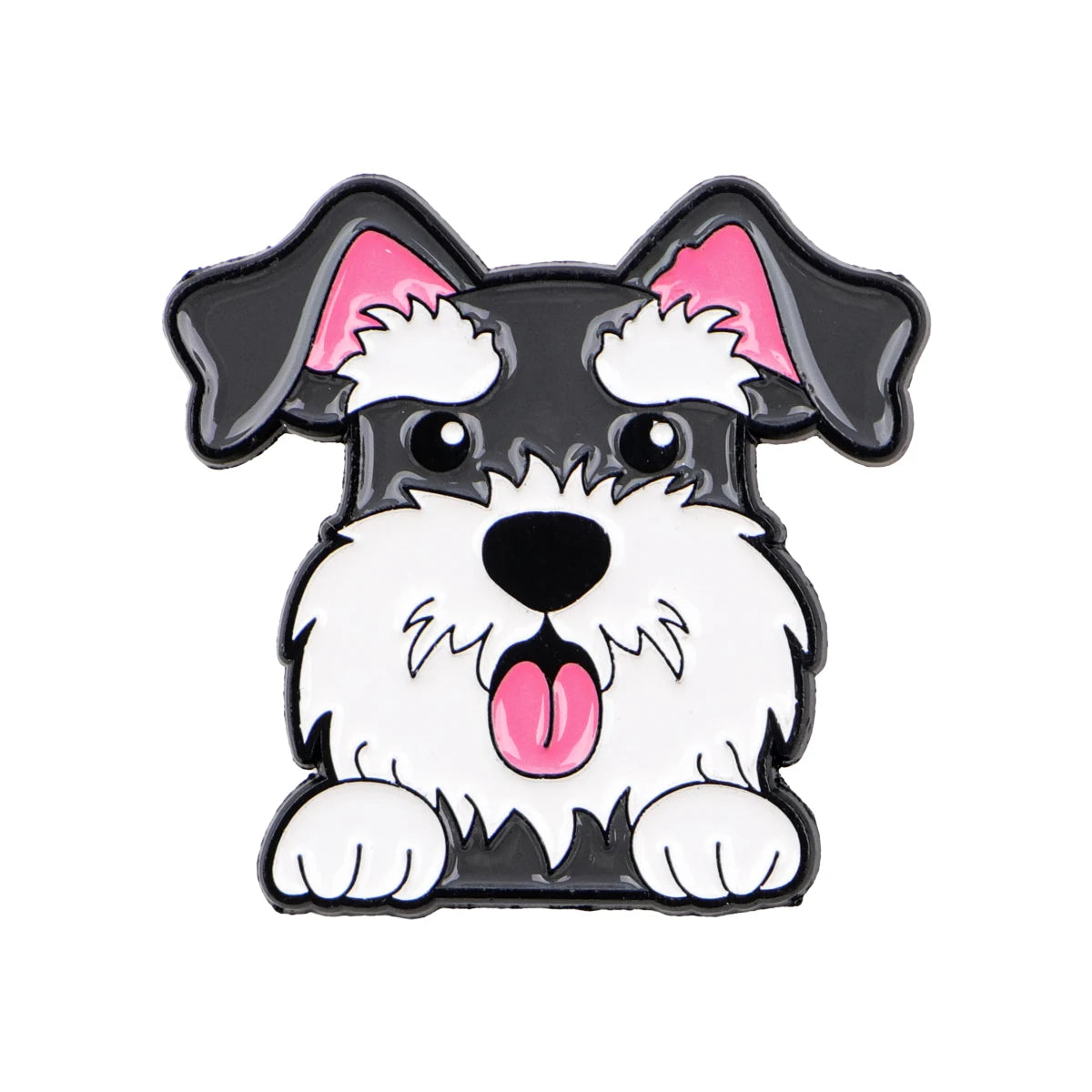 Playful cats & dogs enamel lapel pin of a white dog with black nose and pink tongue
