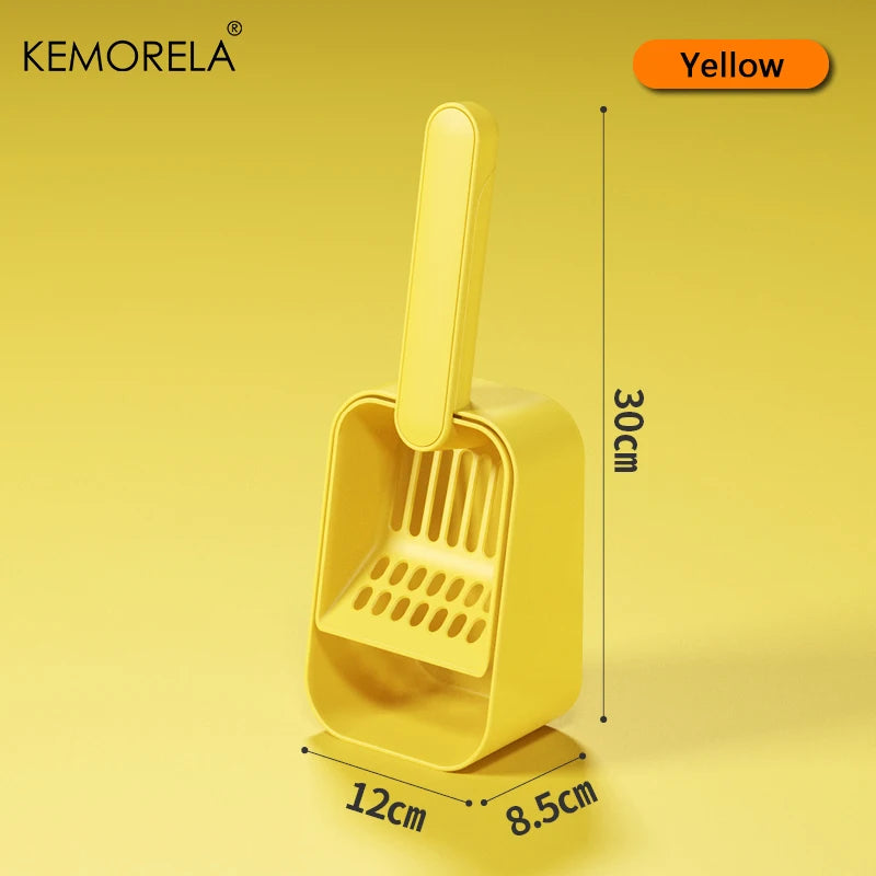 Yellow cat litter scoop with base, tall handle and perforated sifter, 30 cm.