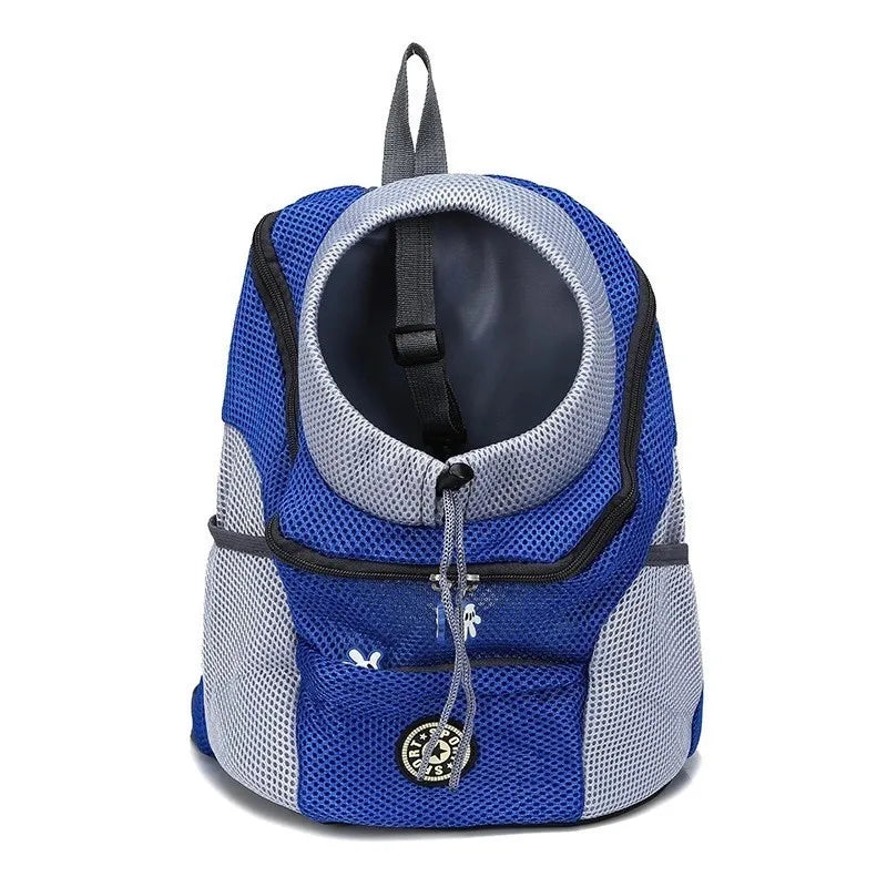 Blue and gray pet carrier backpack with round front opening and zippered front
