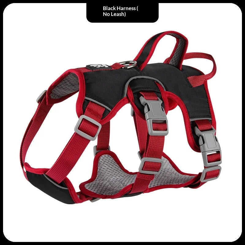 Black three-section dog harness vest with red trim and gray plastic buckles