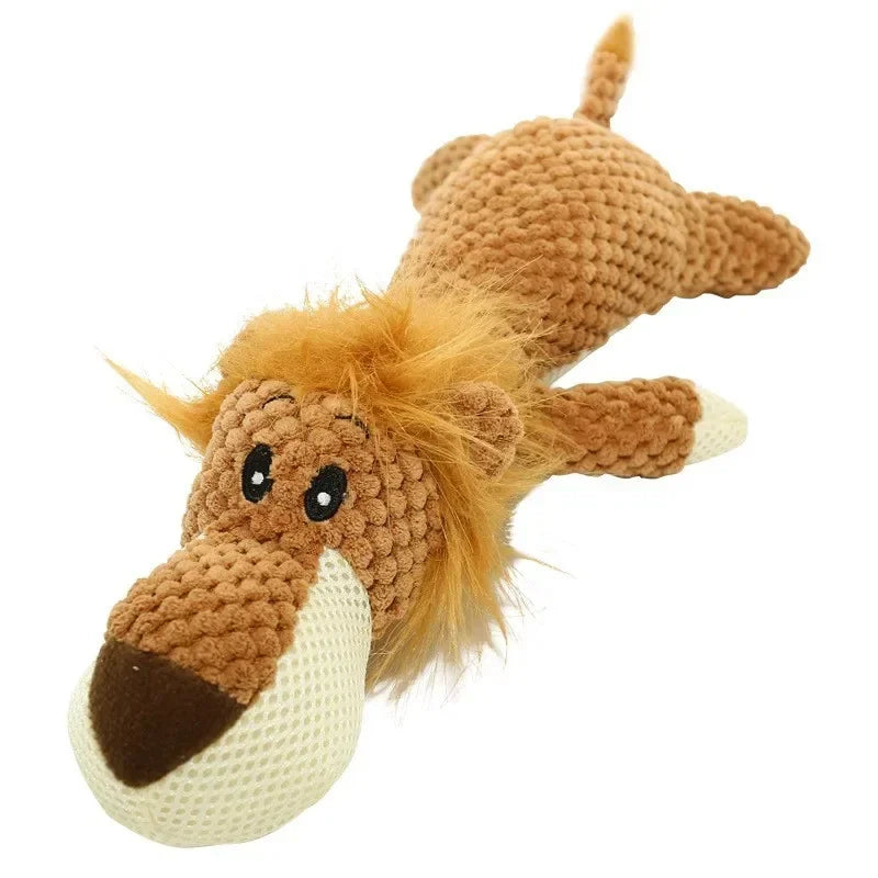 Tan plush squeaky chew toy shaped like a lion with long tufted mane.