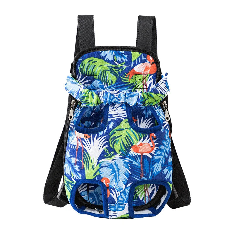 Breathable pet backpack with blue tropical print, black straps, two side ventilation holes