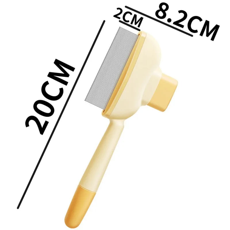 Pet hair remover comb with fine metal pins and one-button self-cleaning, cream and yellow