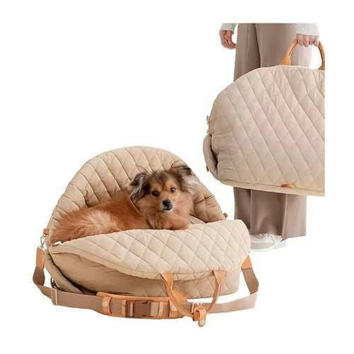 Light beige 3-in-1 dog car seat carrier bed with quilted cushion and safety straps