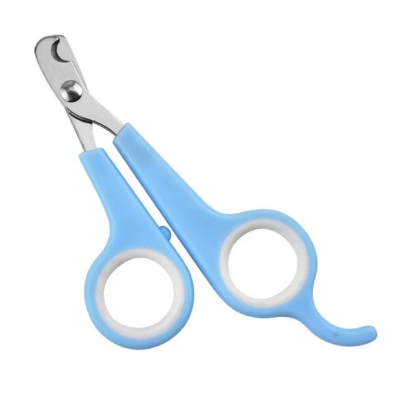 Blue pet nail trimming scissors with silver blades and curved finger loops.