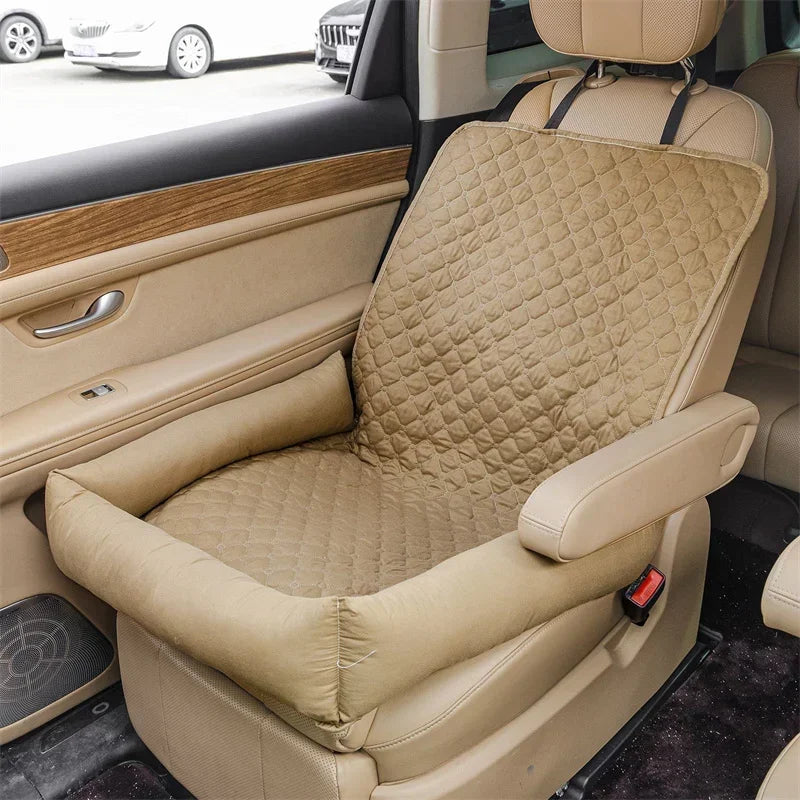 Dog car seat bed, khaki quilted cover with padded bolsters and side straps