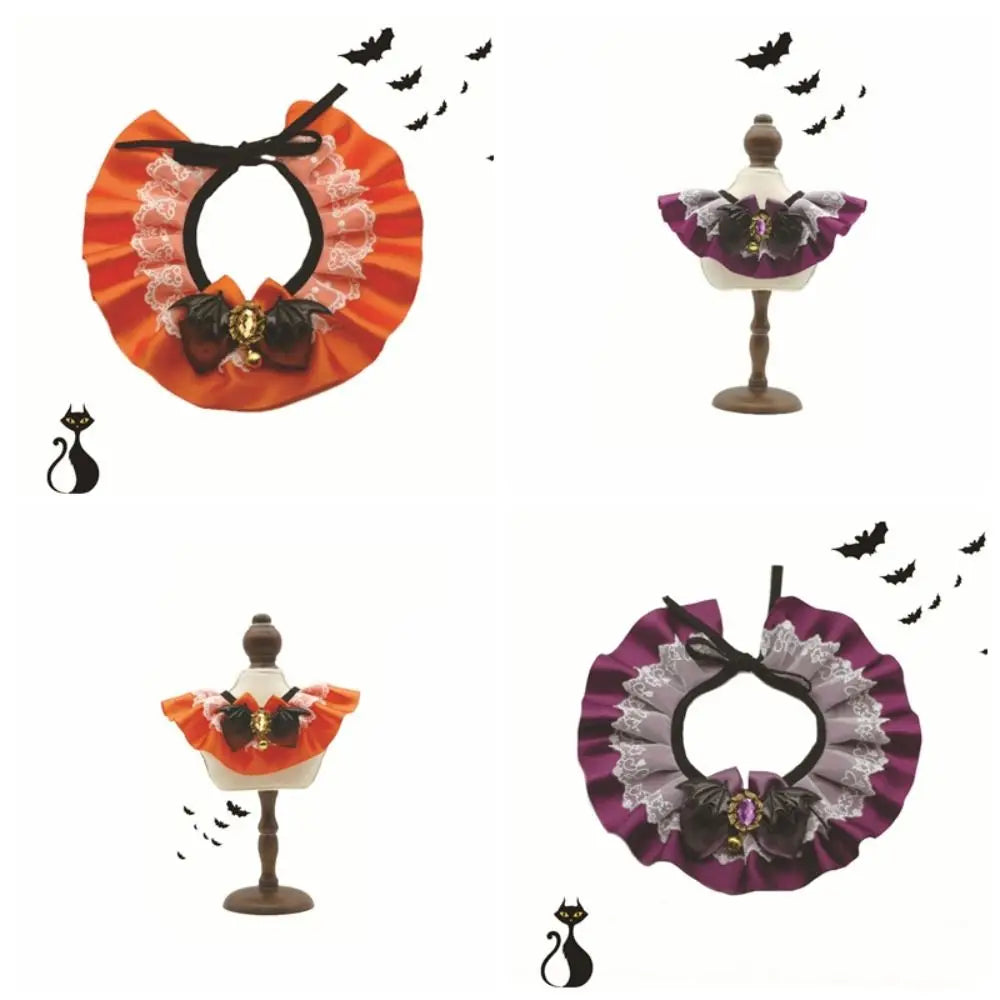 Set of orange and purple Halloween pet lace collar bib scarves with black bows and lace ruffles