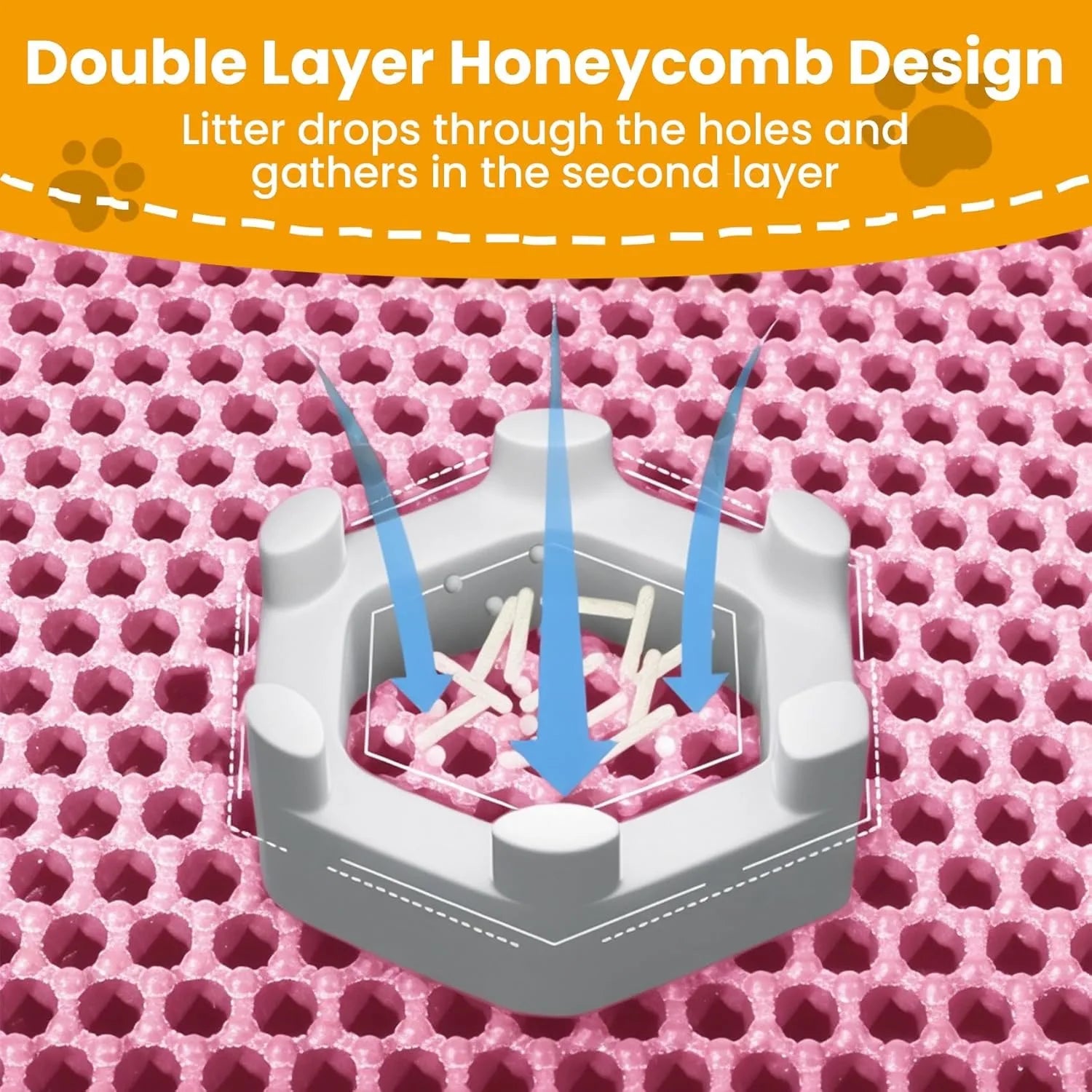Pink honeycomb double-layer cat litter mat with litter-sifting tray openings