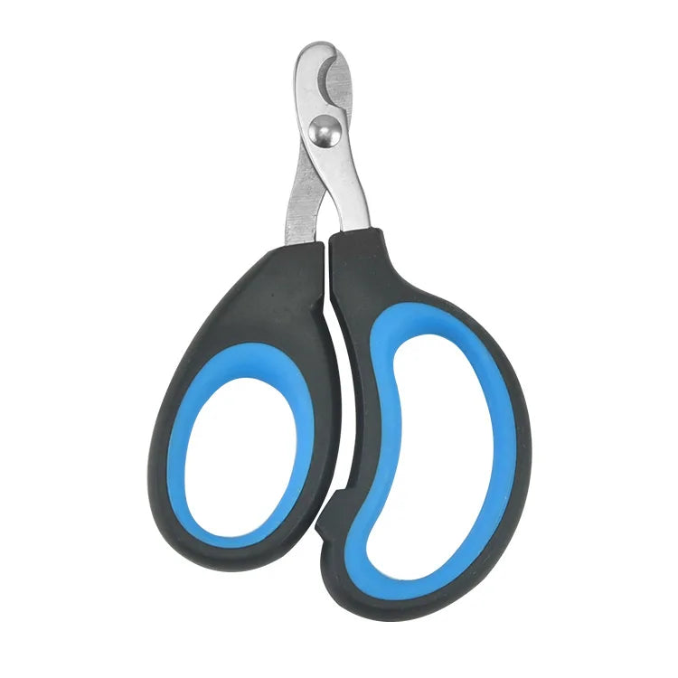 Pet nail clippers with safety guard, black and blue loop handles with silver blades