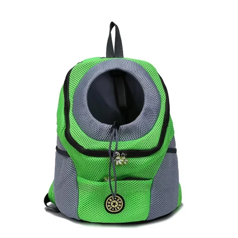 Green pet front-fold backpack carrier with gray ventilation mesh and circular front window, black straps