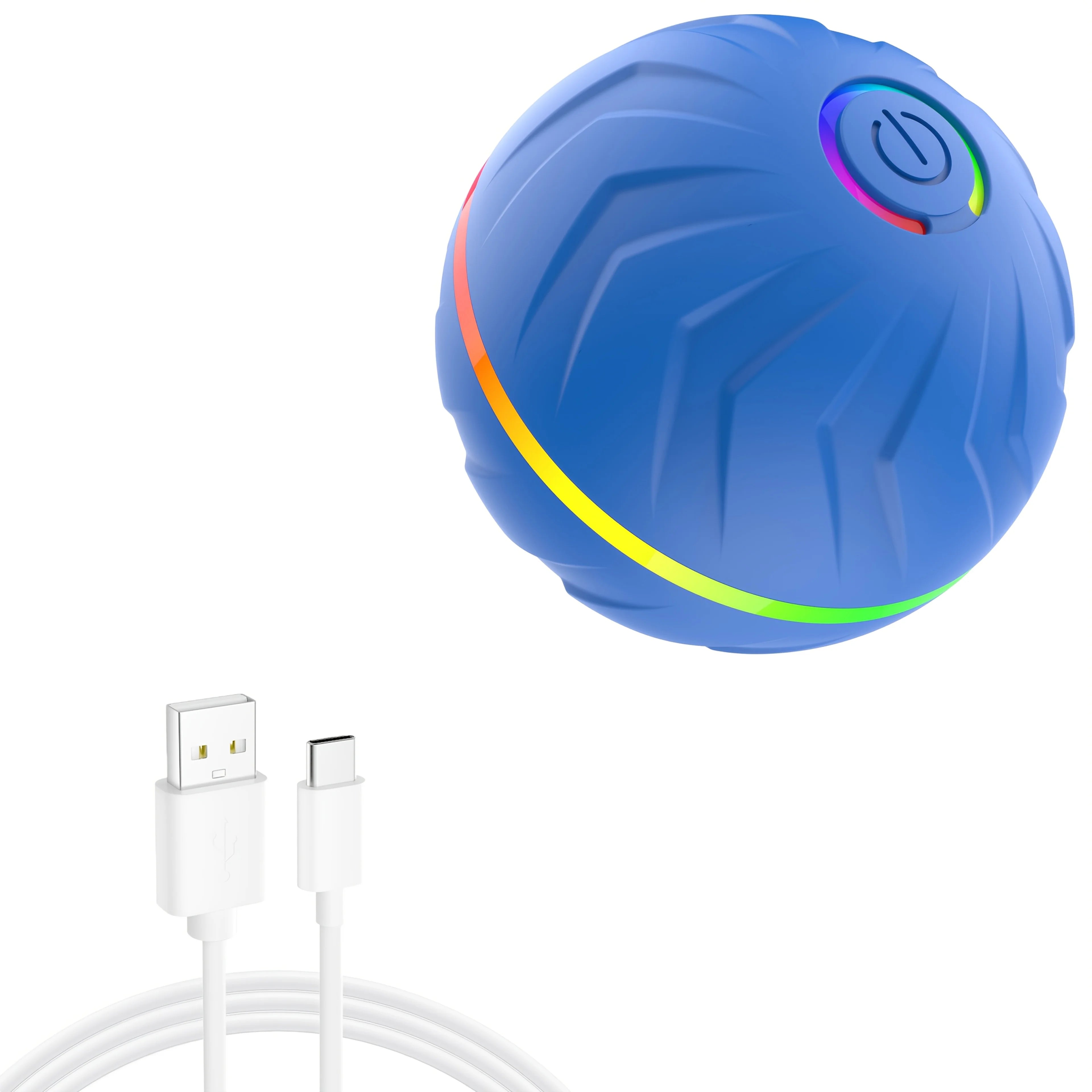 Blue interactive smart pet ball with multicolor LED ring and power button, with charging cable