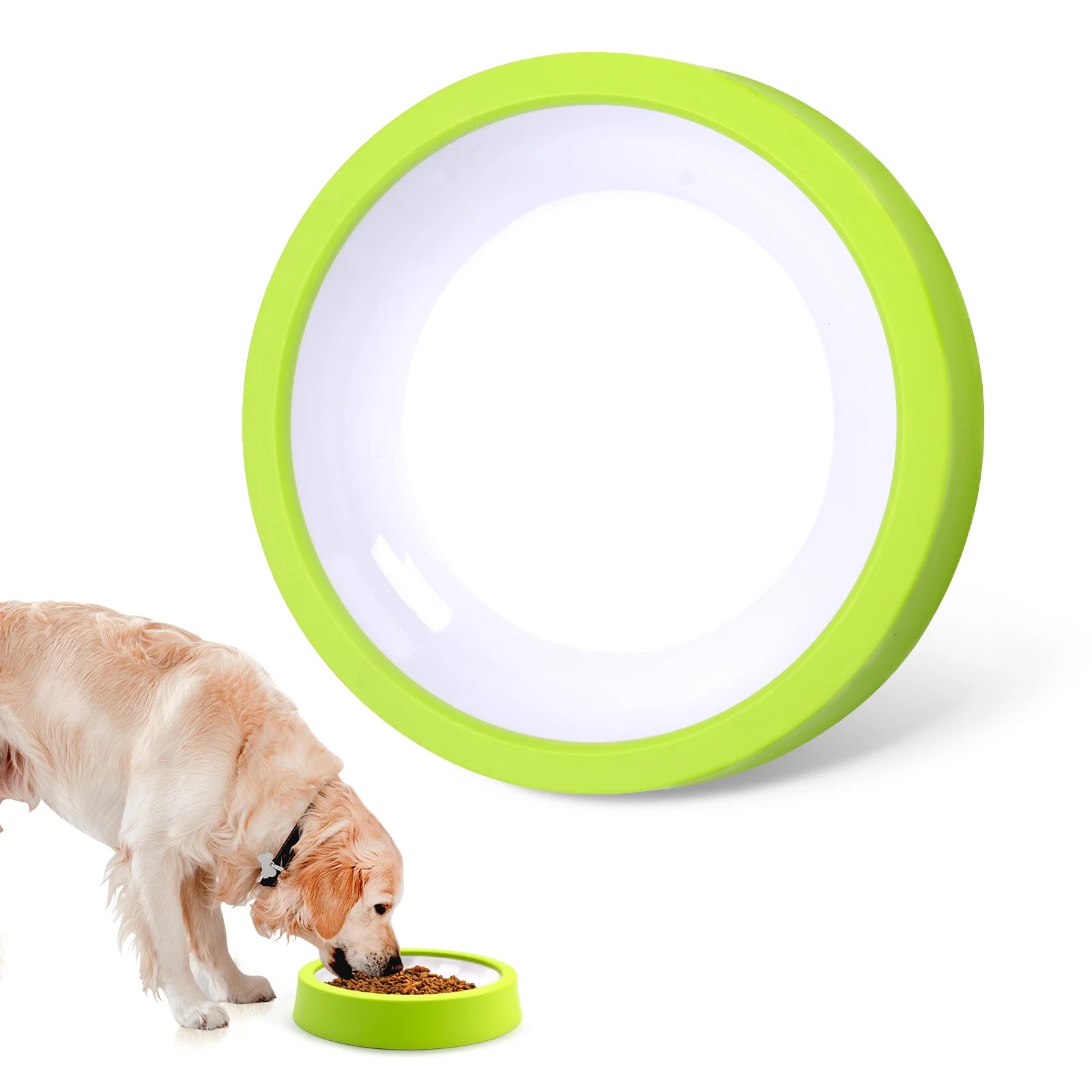 Neon green slow feeder dog bowl with maze pattern, shown with kibble