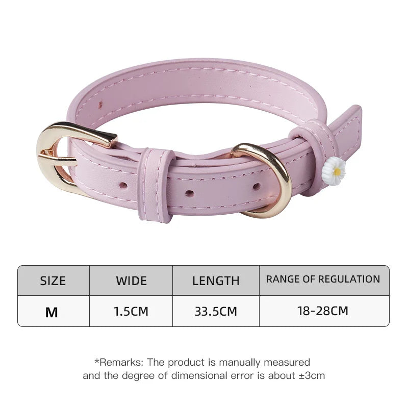 Lavender PU leather pet collar with metal buckle and daisy charm.