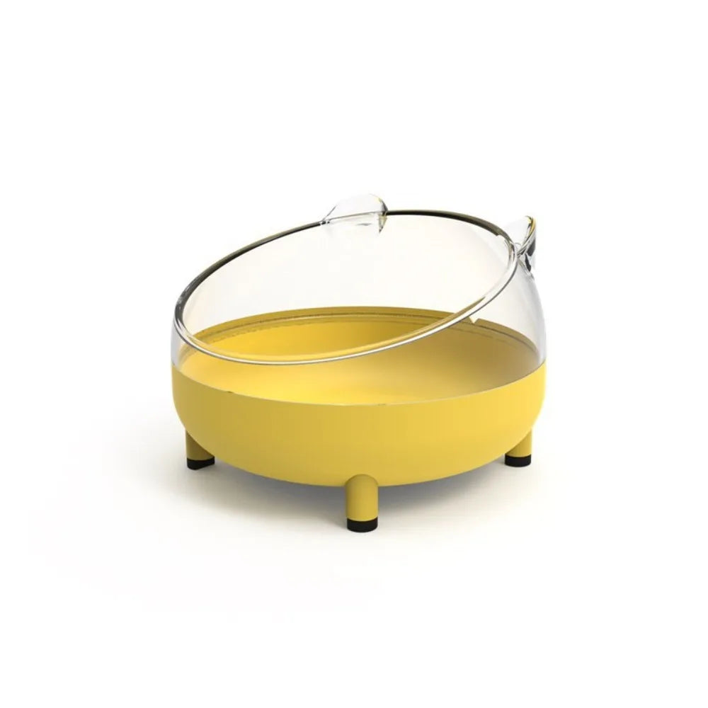 Transparent hamster sand bath box with yellow base and clear lid on four feet
