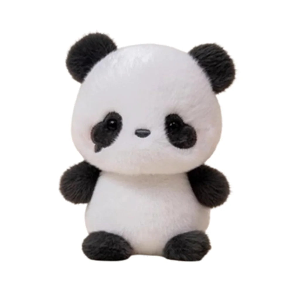 Plush panda animal toy, white body with black ears and paws, smiling stitched face