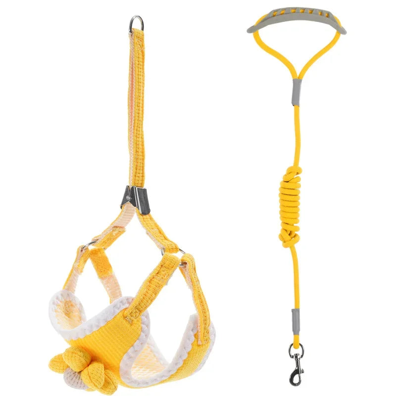 Adjustable yellow dog harness and matching leash with gray reinforcement
