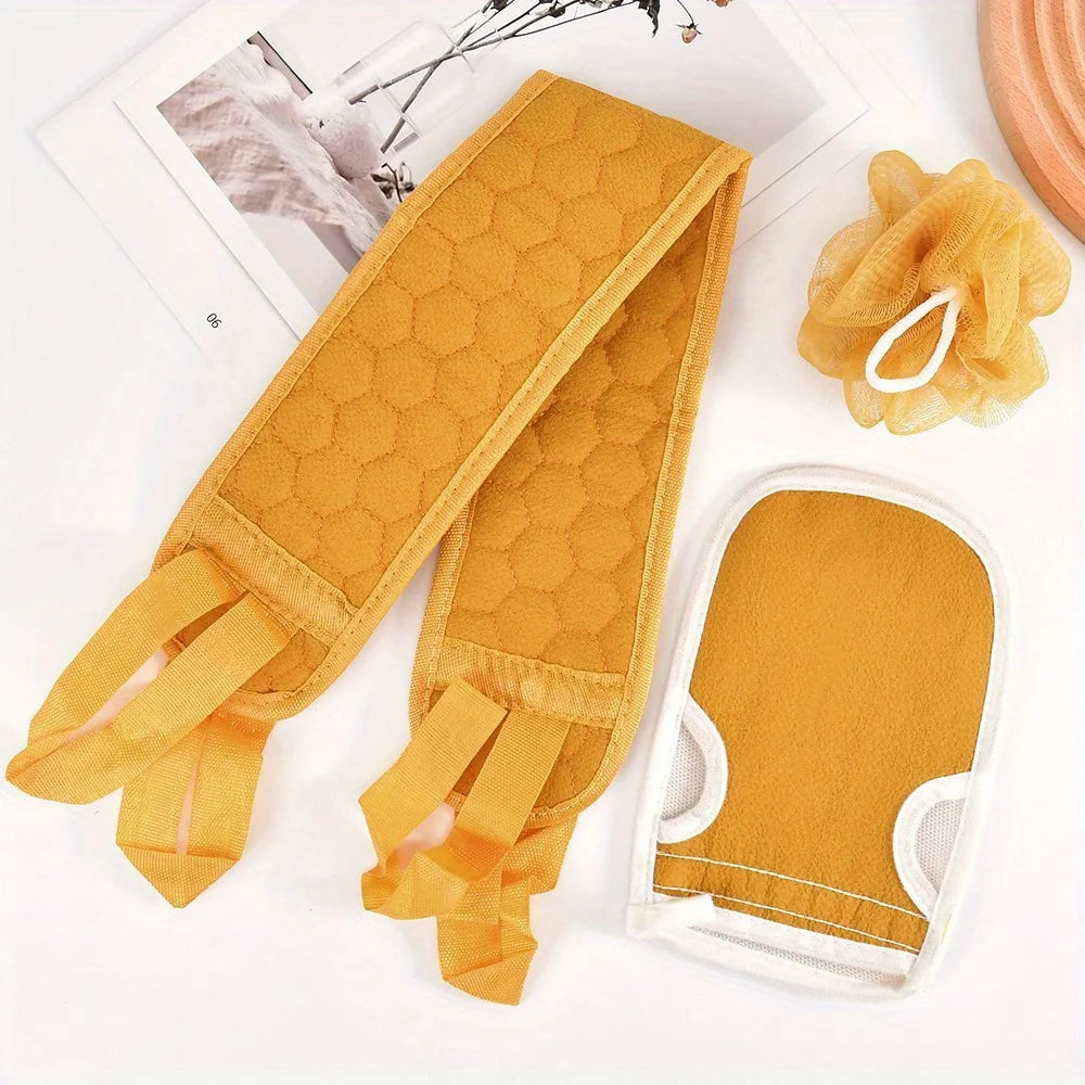 Exfoliating back scrubber bath belt towel set in gold with matching glove