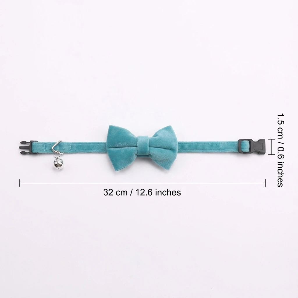 Velvet cat collar with bow tie and bell, teal collar with bow and silver bell