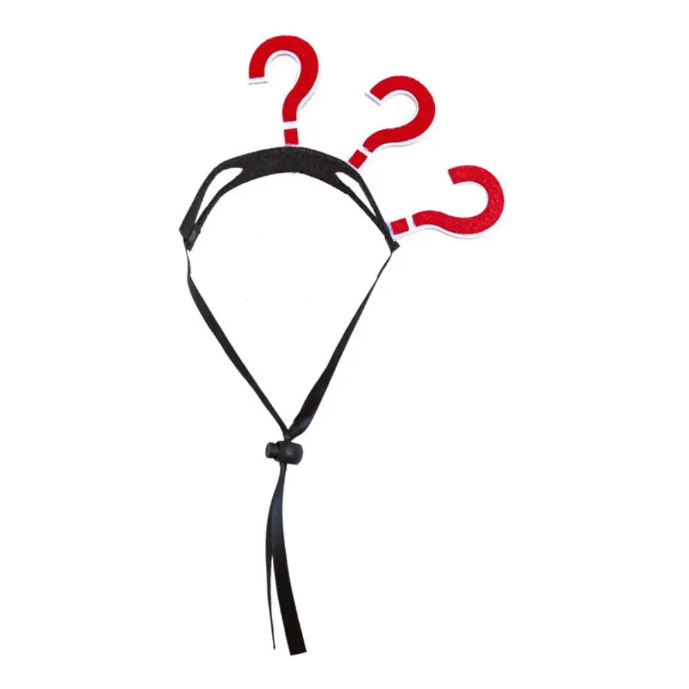 Black pet headband with red question-mark symbols and long dangling ribbon tie