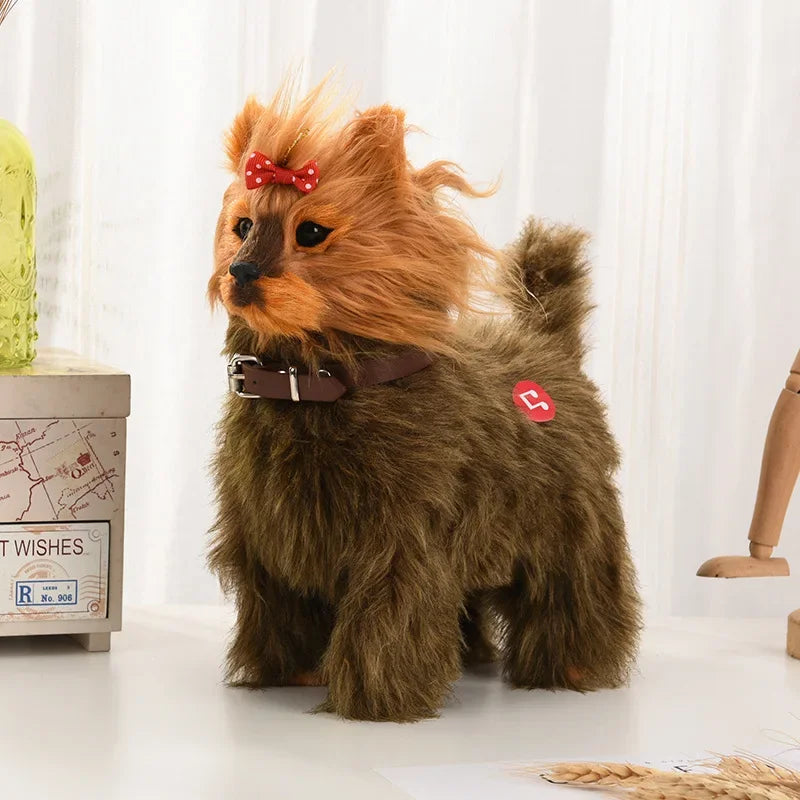Brown plush dog toy with red bow and purple collar, seated pose