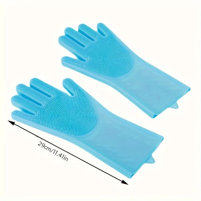 Blue pet bath scrub gloves with long cuffs and silicone bristles, pair