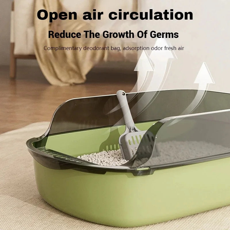 Semi-enclosed cat litter box with open-air design and scoop