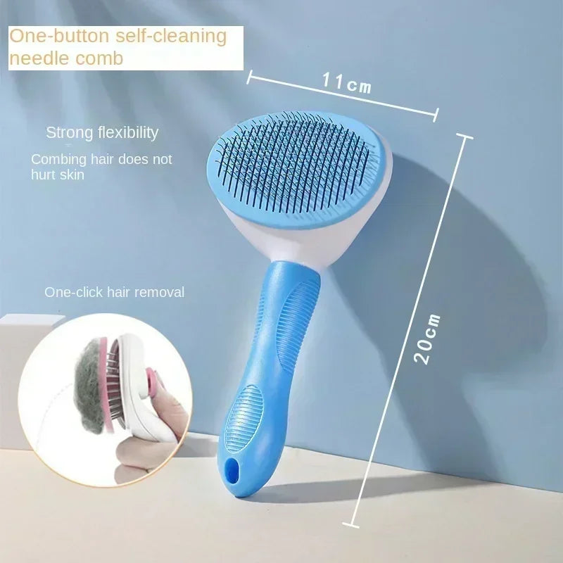 Blue needle comb pet brush with circular head and blue handle