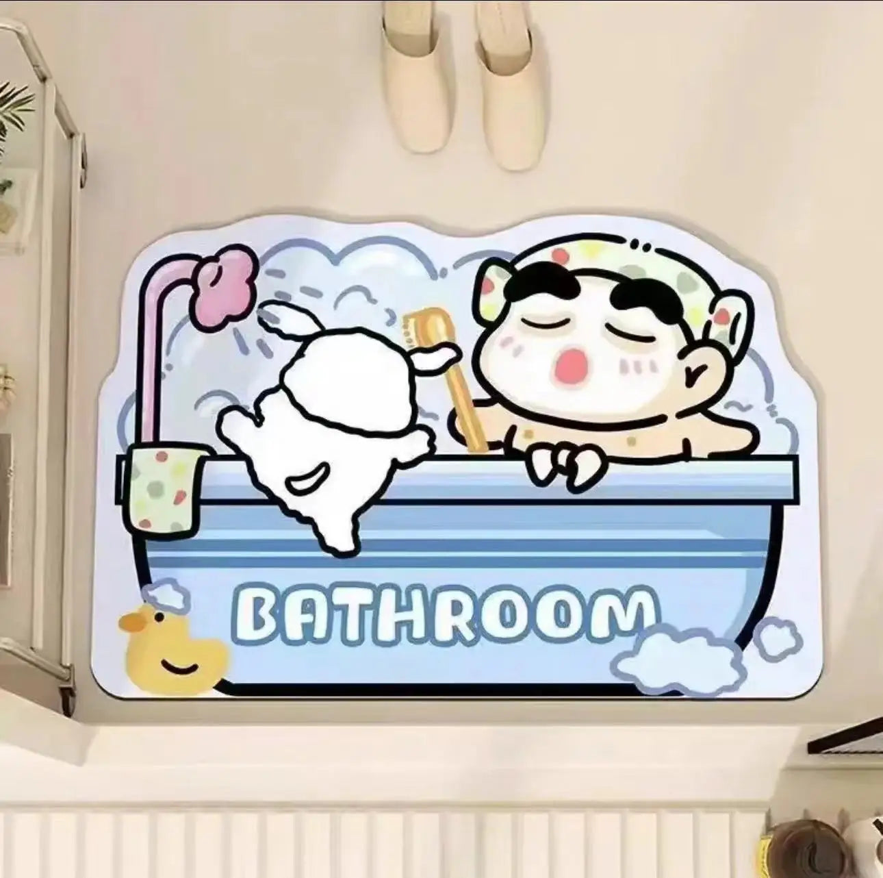 Cartoon bath mat for shower rooms with panda character in a bathroom scene, blue lettering