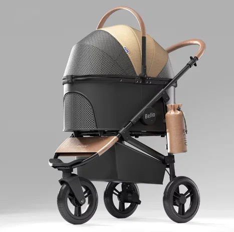Beige pet stroller carrier with mesh canopy and brown handle, black base, four wheels