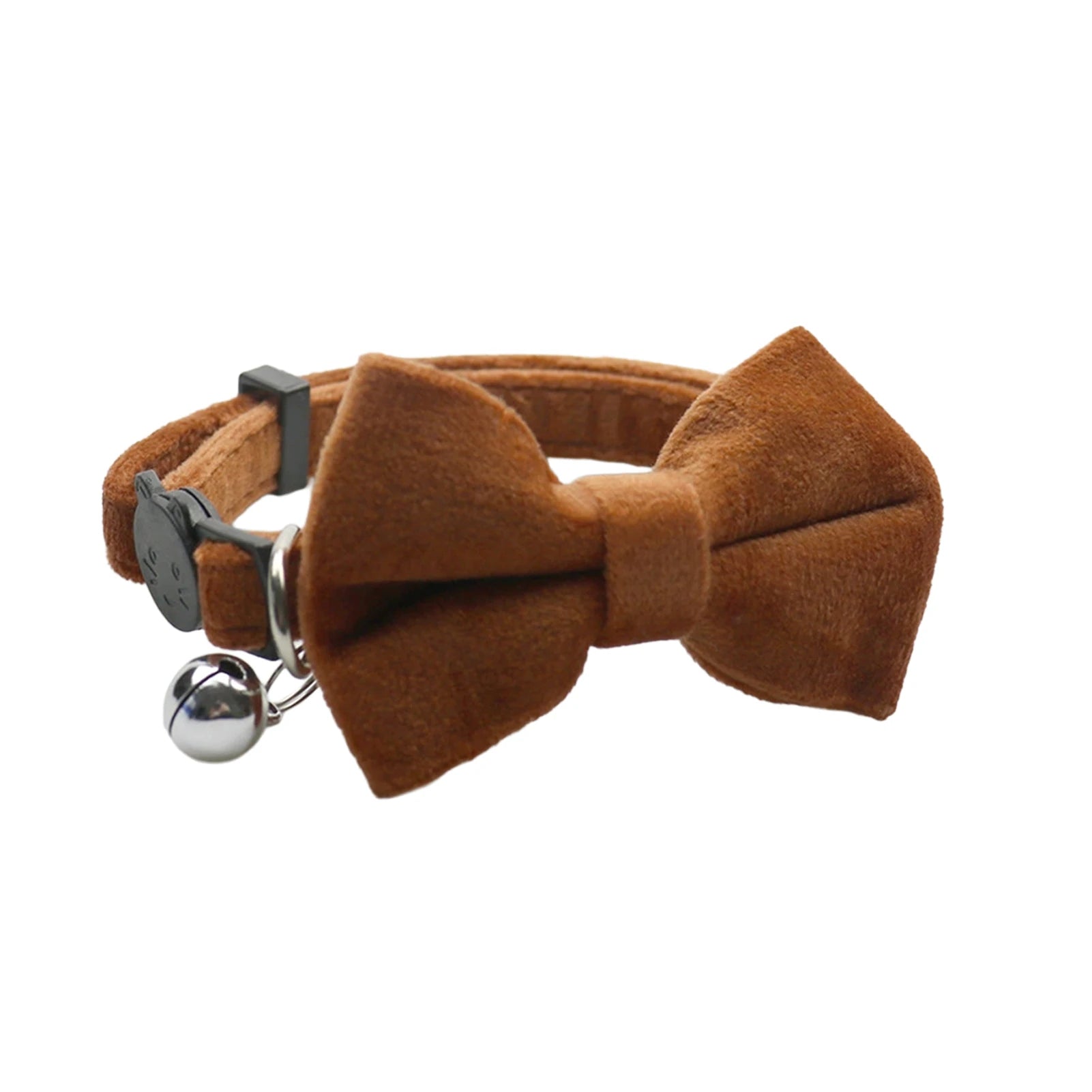 Velvet cat collar bow with bell, caramel-brown bowknot and silver bell