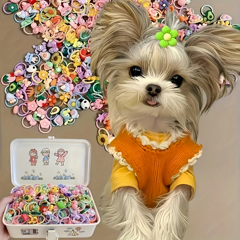 Small dog wearing a green flower hair clip and orange ruffle shirt