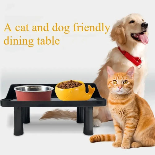 Black raised dog bowl stand with silicone mat and two bowls on adjustable legs