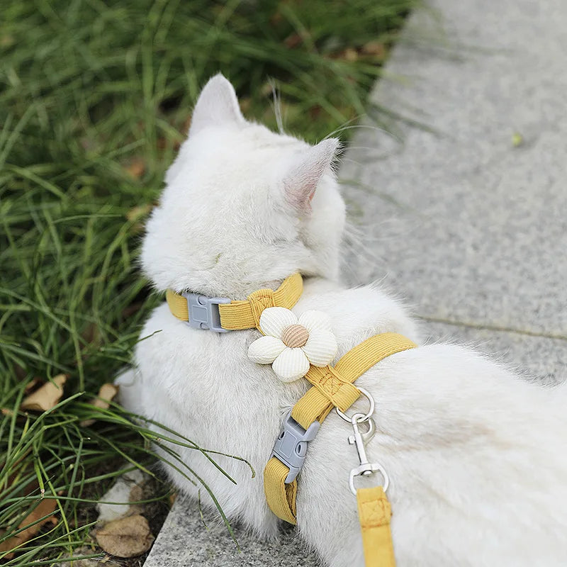 Cat harness and leash set with yellow harness and white flower fabric charm
