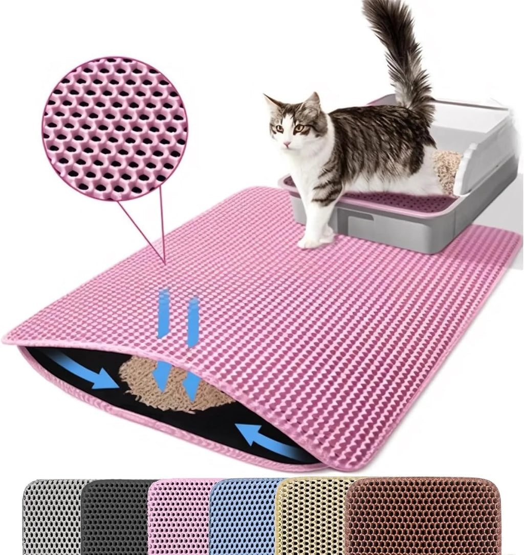 Pink double-layer cat litter box mat with honeycomb texture and non-slip waterproof backing