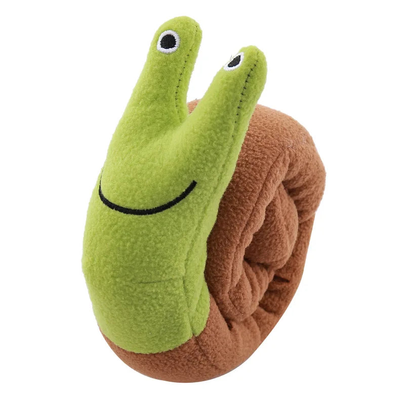 Green plush snail head on a brown rolled shell shaped interactive toy