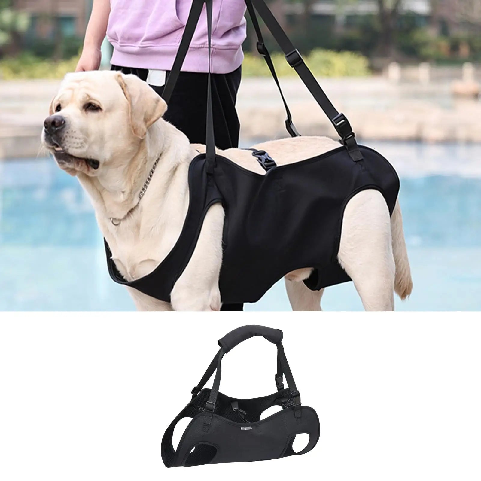 Black support lift dog harness rehabilitation vest with front chest strap and lifting handle