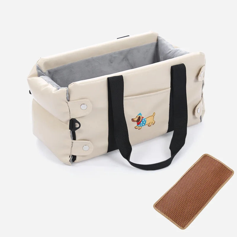 PU leather dog car seat in cream with side straps, front snaps, and removable brown mat