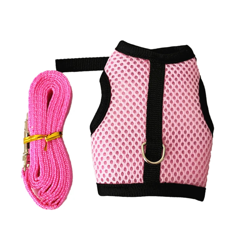 Mesh rabbit harness and leash set, pale pink mesh with black trim and coiled leash