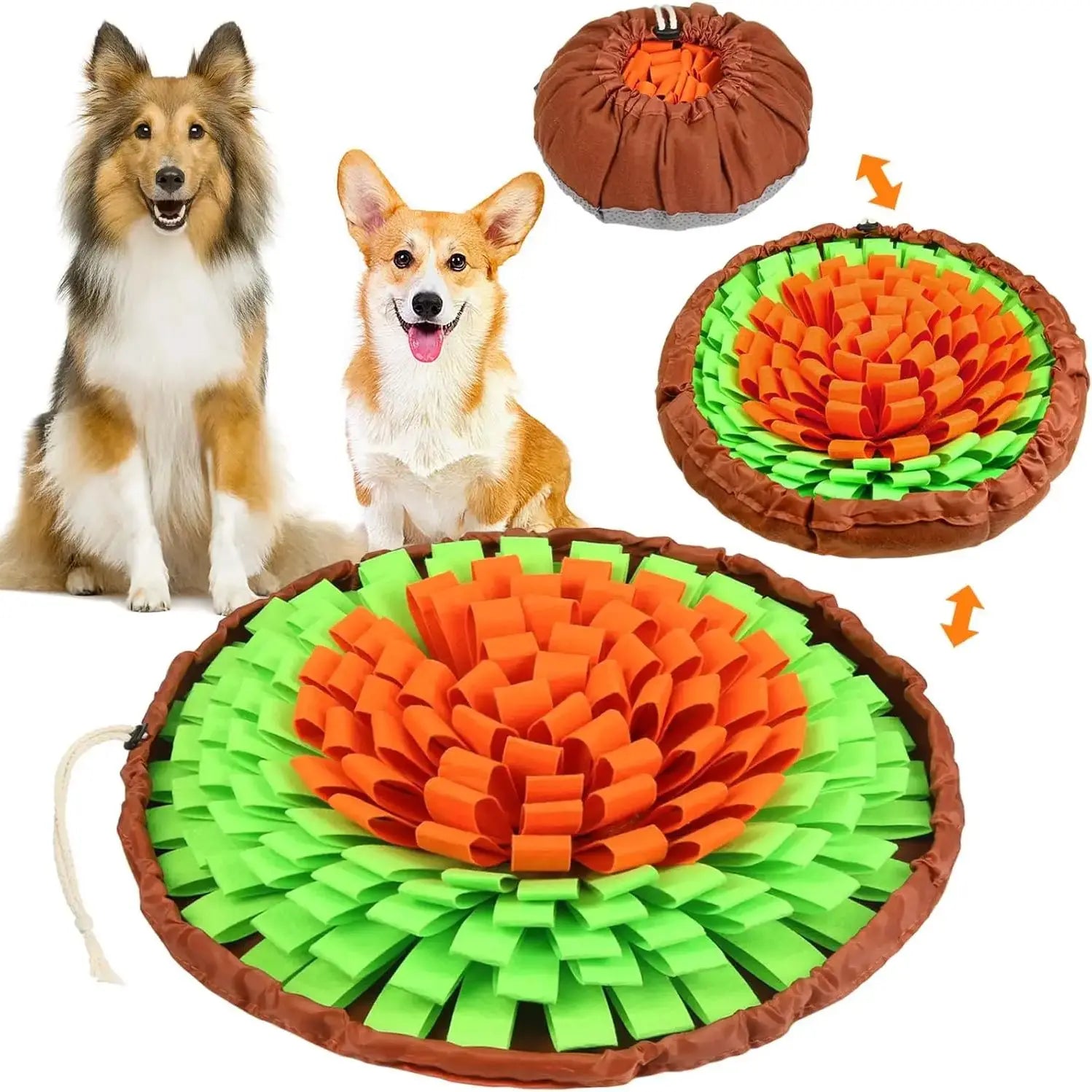 Colorful pet snuffle mat with brown rim and orange, green, and multicolor fleece strips