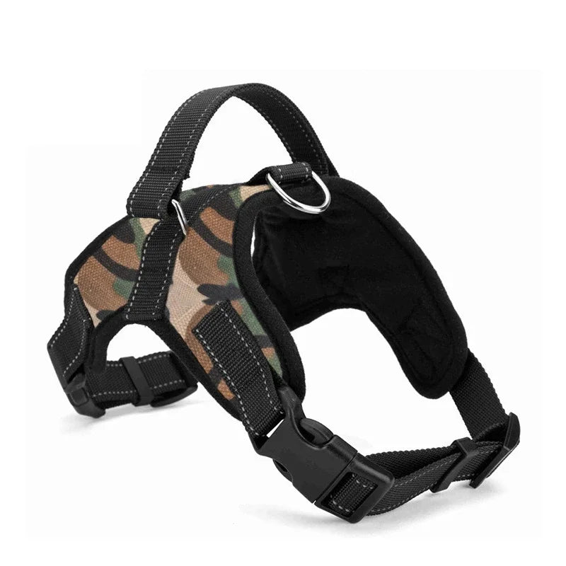 Camouflage dog harness vest with black straps and front D-ring