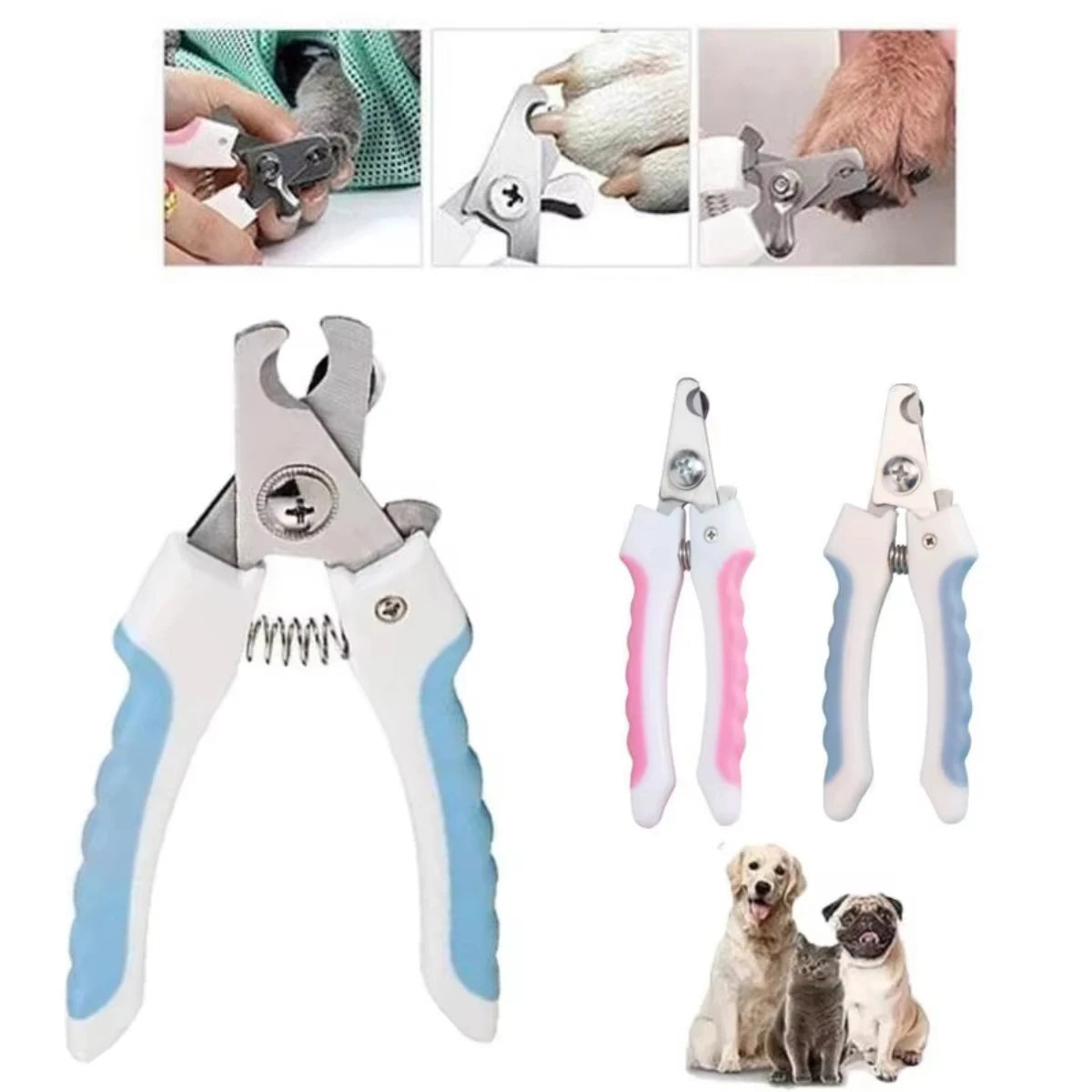 Pet nail clippers set with blue and pink handles and stainless steel jaws