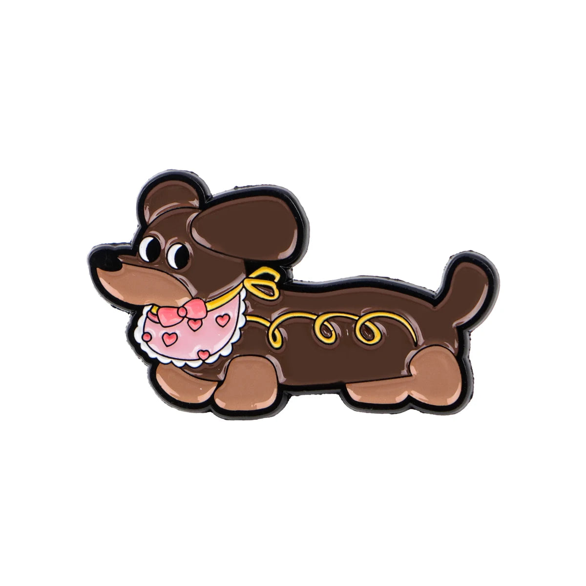 Enamel lapel pin with brown cartoon dog holding a pink heart