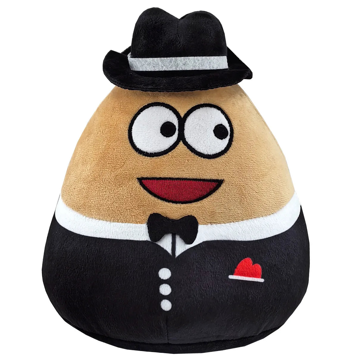 Black tuxedo alien plush doll with top hat, red heart pocket, and buttoned front